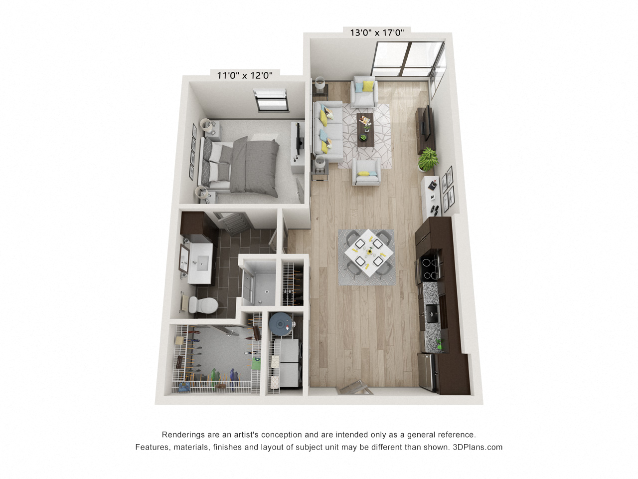 Floor plan for 1 bed, 1 bath, 734 sqft